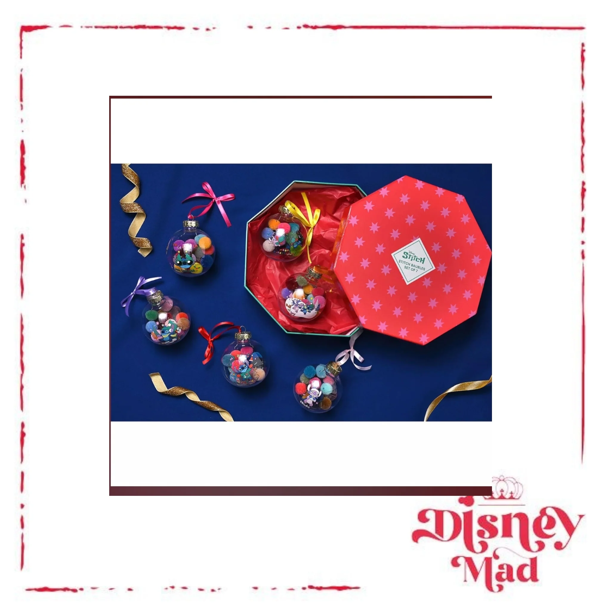 Disney Set Of 7 Baubles With Gift Box -Stitch With Pom Pots - Image 2