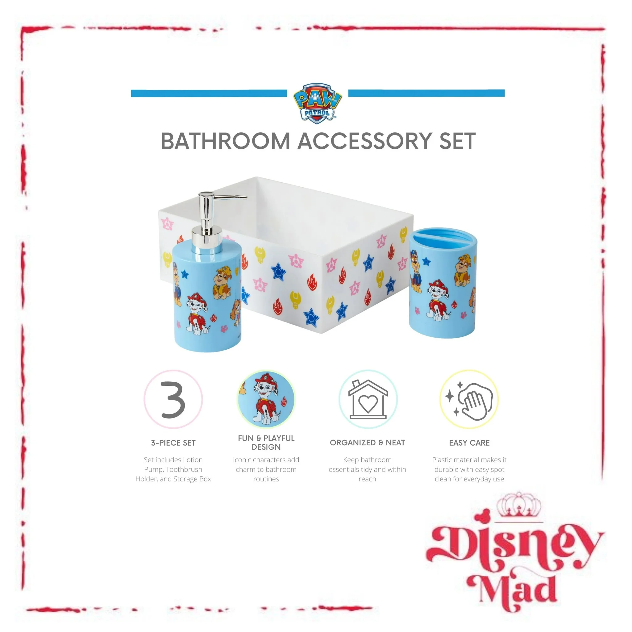 PAW Patrol 3-Piece Bathroom Accessory Set, Toothbrush Holder, Soap Pump, Storage Bin - Image 2